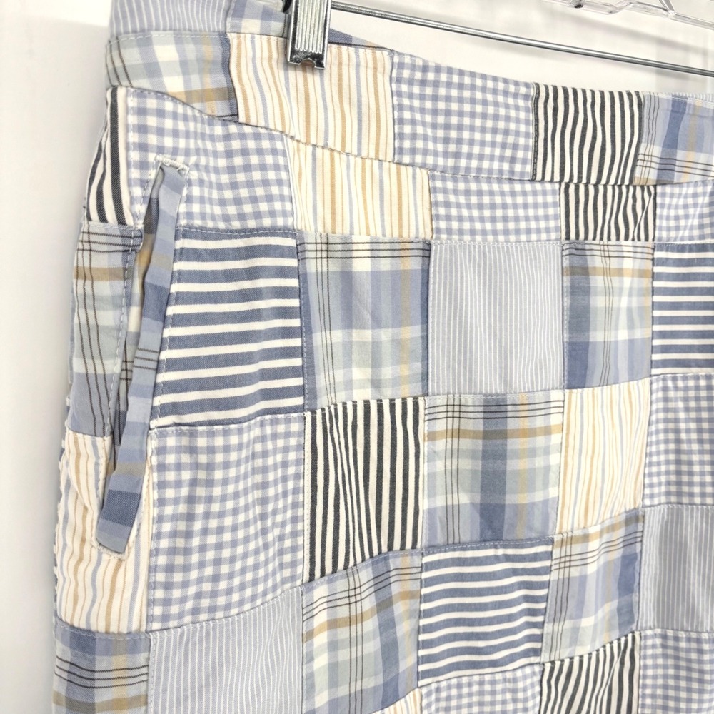 LL Bean Favorite Fit Blue White Patchwork Plaid Gingham Cotton Skirt Sz L/XL